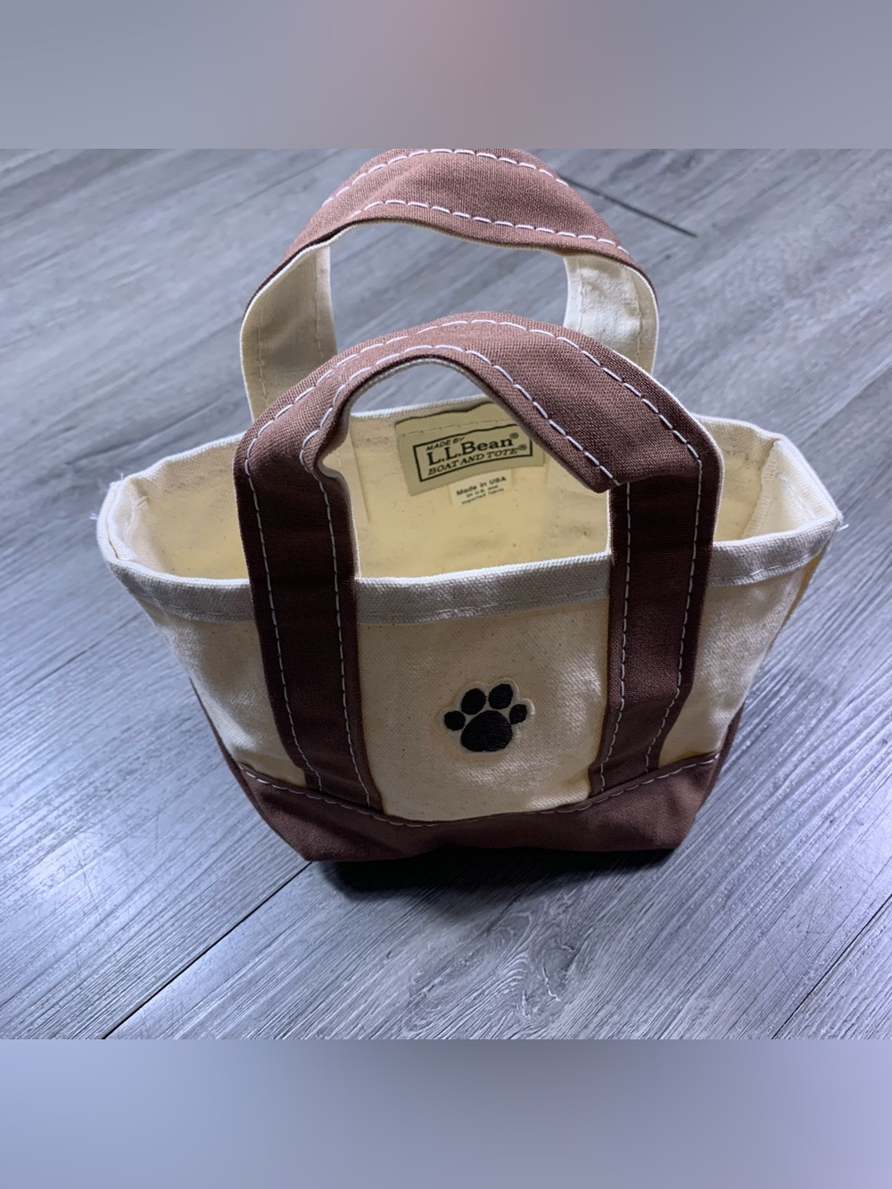 L.L. Bean Boat & Tote Cream and Brown Canvas Pet Mini Tote Paw Embroidery